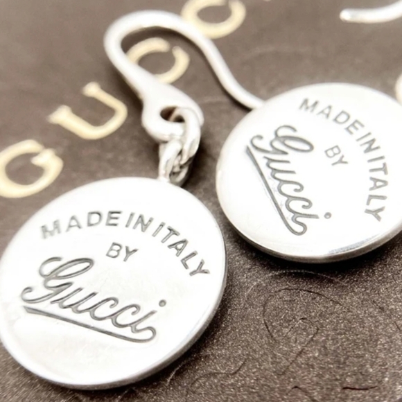 Auth GUCCI Signature Logo Round Tag Sterling Sliver Drop Earrings/New Gorgeous - Picture 5 of 7